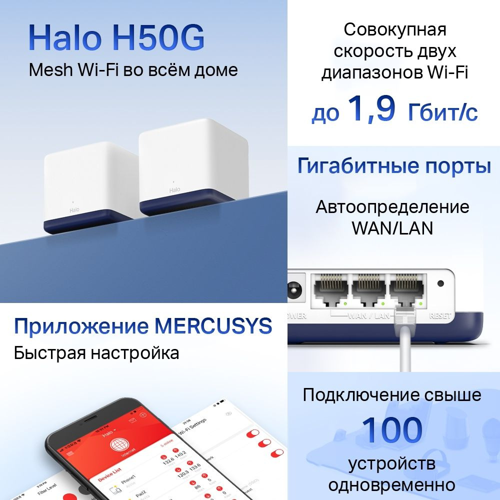 Бесшовный Mesh роутер Mercusys Halo H50G купить в Иркутске. Цена на  Бесшовный Mesh роутер Mercusys Halo H50G: отзывы, описания, характеристики