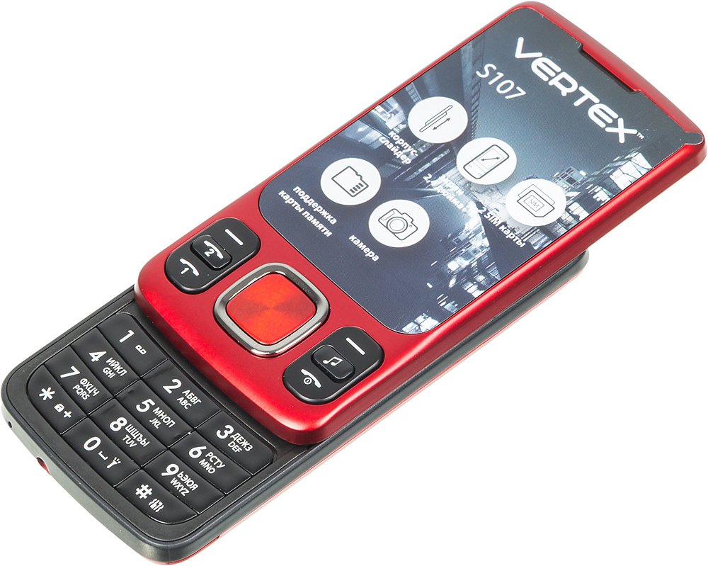 Мобильный телефон Vertex S107 красный слайдер 2Sim 2.4" 240x320  1.3Mpix GSM900/1800 GSM1900 MP3 FM microSD max16Gb купить в Иркутске. Цена  на Мобильный телефон Vertex S107 красный слайдер 2Sim 2.4" 240x320  1.3Mpix GSM900/1800