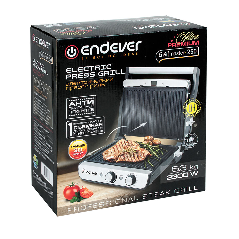 Электрогриль ENDEVER Grillmaster 250, 2300 Вт., раб.поверхность 34x24 см.,  серебристый/черный купить в Иркутске. Цена на Электрогриль ENDEVER  Grillmaster 250, 2300 Вт., раб.поверхность 34x24 см., серебристый/черный:  отзывы, описания, характеристики